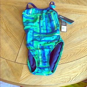NWT girls Blue Green Speedo Train II Swimsuit